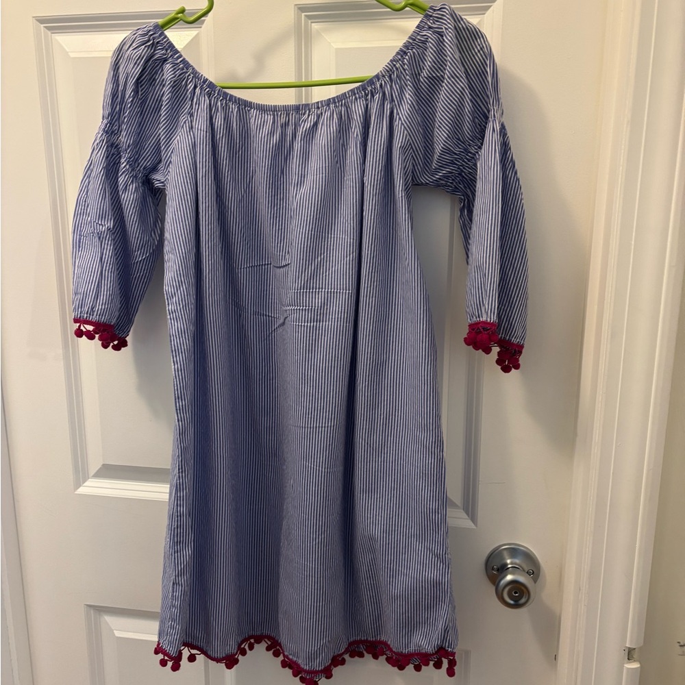 Blue striped summer dress with cute Pom-Pom detail
